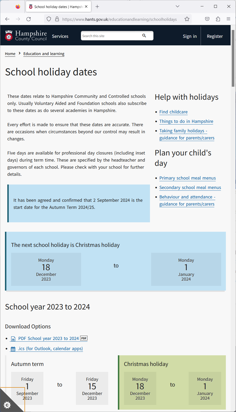 Hampshire Term Times